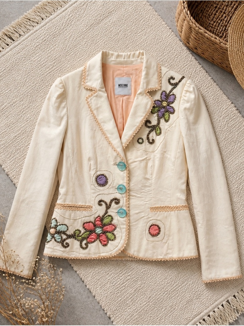 Moschino Cream Blazer with Colorful Floral Embroidery